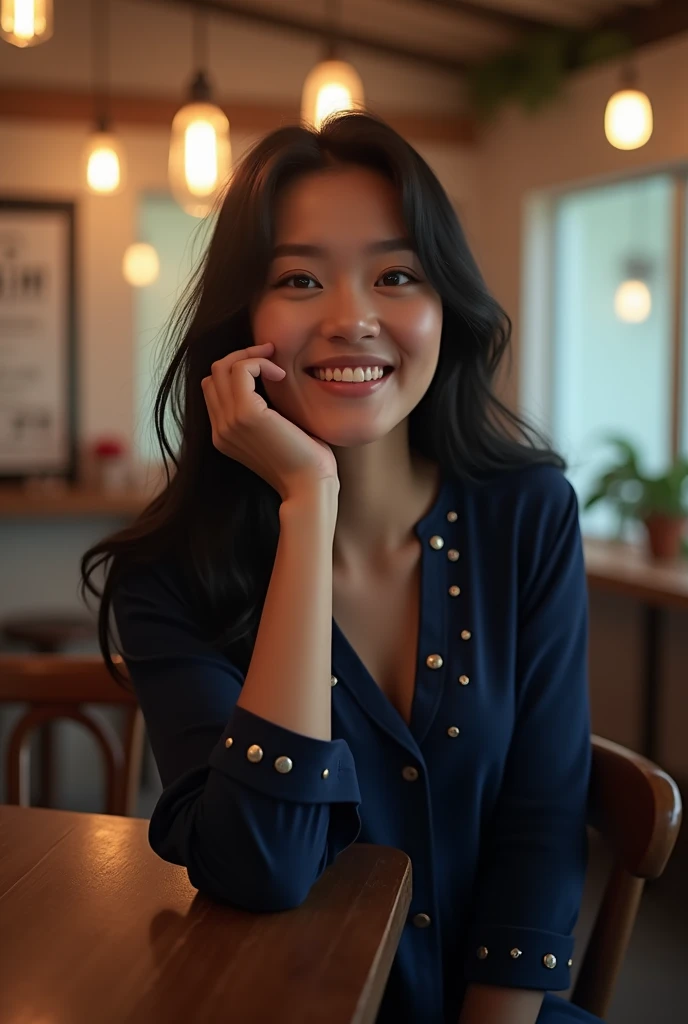 woman with long, wavy black hair smiles brightly while sitting indoors. She wears a navy blue blouse with decorative buttons and is slightly resting her hand on the side of her face. The background is softly lit, with a warm and inviting ambiance, featurin...