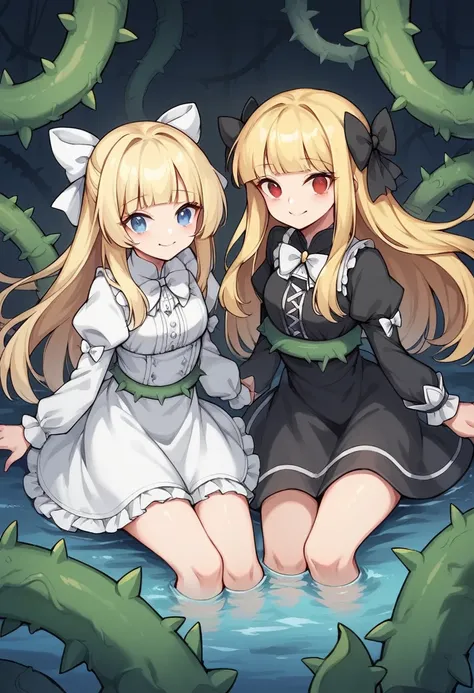 long hair, looking at viewer, smile, blue eyes, blonde hair, multiple girls, long sleeves, red eyes, closed mouth, 2girls, hair bow, puffy sleeves, blunt bangs, white dress, black dress, black bow, white bow, black vs white,,Plant rape, thorn rape, tentacl...