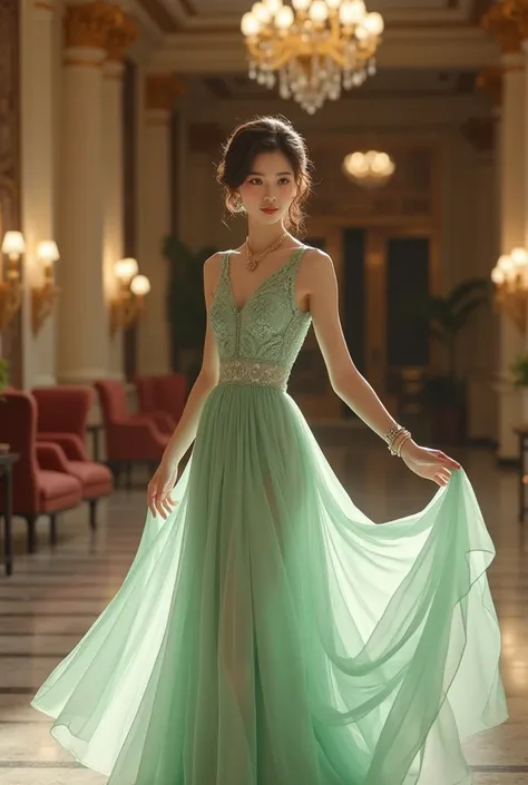 Beautiful Japanese woman in a light green lace flared dress, elegant pose, luxury hotel hall background, looks classy and stylish, suitable for formal events.