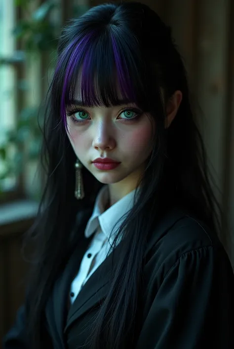 Ravenna Blackwood  a Goth witch with pale white skin and long spilt dyed  purple and black hair with bangs and emerald colored eyes.  Wearing the Evercrest Academy uniform black dress with a white dress shirt underneath     Horror movie scene, cinematicall...