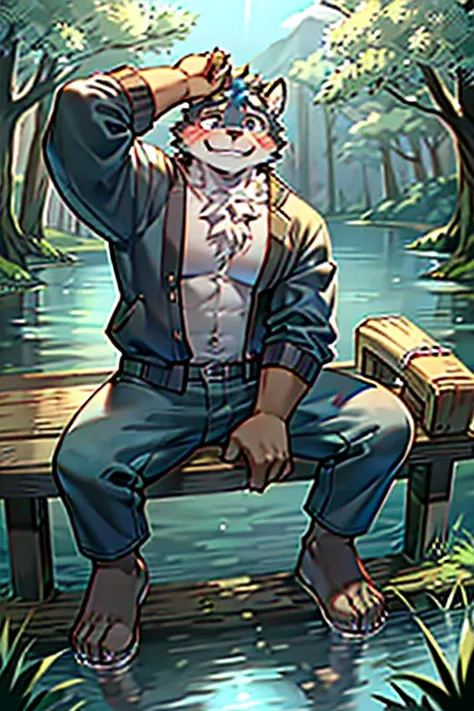 Role:name:and（pce.）Appearance:Furui Beef。Strong body，fitness。adult，Uncle。Furry。Body blue-gray。Personality Description:纯洁and平，and善，Smiling face pictures:（Third person perspective）A small lake in the forest，Sitting on a small wooden pier，Raise your head and ...