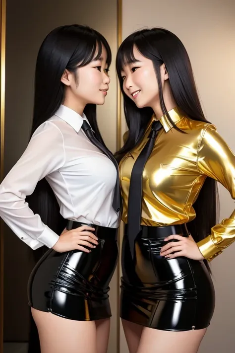 japanese 2 girls, long hair, smile, lens reflection, reflected light, in shiny gold - black metallic blouse buttoned and in tigh...