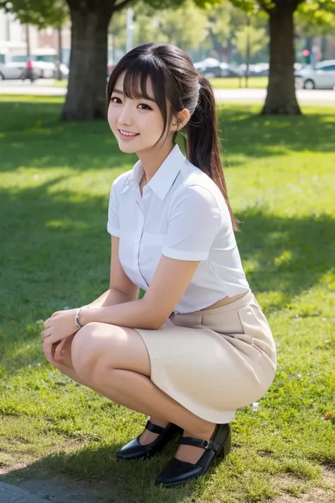 1japanese girl, white short sleeve dress shirt, navy blue pleated midi skirt, lower ponytail, bangs, squatting, smile, in park, BREAK, (upper body shot), pov, BREAK, (masterpiece, best quality:1.4), (8k, raw photo, photorealistic:1.4), ultra high res, deta...