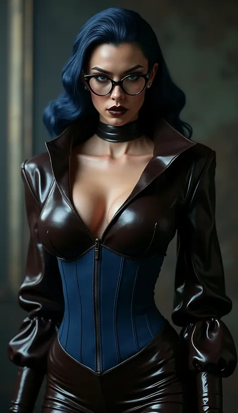 femme, latex, dominatrice, gothique, longue robe latex marron foncé, manches bouffantes latex marron foncé, col fermé latex marron foncé, serre taille latex bleu foncé, visage méchant sévére, considérer le mal, fines lunettes, bouche marron foncé brillant,...