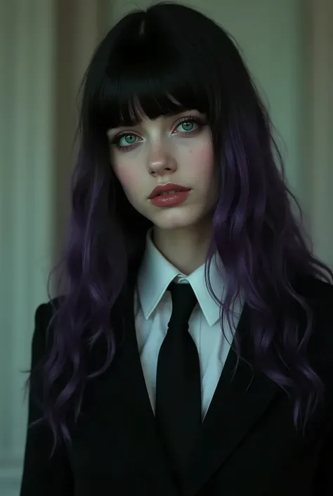 Ravenna Blackwood  a Goth witch with pale white skin and long spilt dyed  purple and black hair with bangs and emerald colored eyes.  Wearing the Evercrest Academy uniform black dress with a white dress shirt underneath     Horror movie scene, cinematicall...