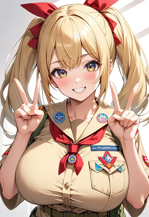 a young girl is posing double peace sign,boy scout wear,blonde twin tail,big breasts,friendly face