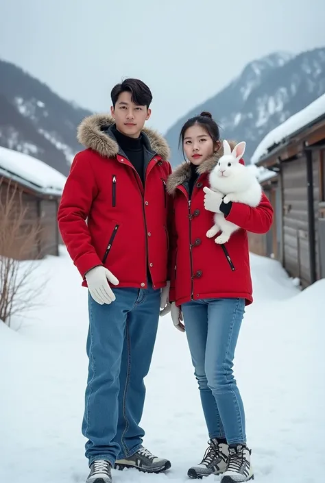 #prompt Create a photo of two people standing in a snowy environment. handsome young asian korean man on the left wearing a red jacket, blue jeans, & white gloves, while the beautiful young Korean woman with ponytail hair is slightly Asian on the right wea...