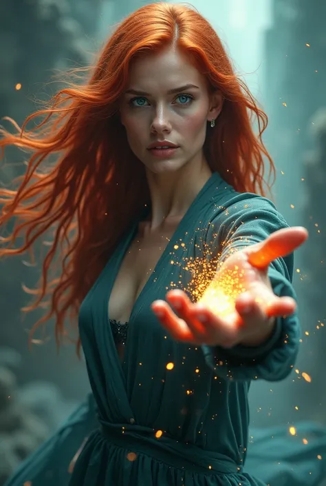 A red-haired woman with blue eyes and long hair, with telepathic powers