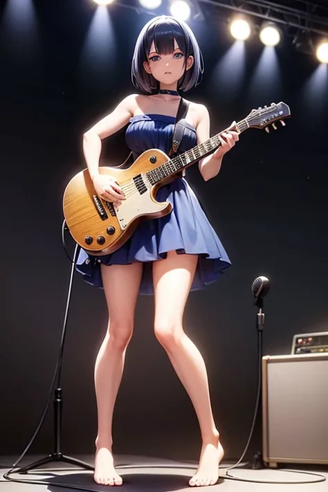 Show the whole body　Show your feet　Show your feet　Anime Style　One beautiful girl　Navy Blue Hair　Bob Hair　Blue eyes　Glare　band　vocal　guitar　エレキguitar　Stand microphone　Black and white dress　The background is a live music venue stage.