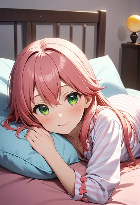 One girl, Sakura Miko、Open pajamas、High resolution, smile, Lie down in bed、Blushing, whole body、cute、whole bodyが映る、Pink Hair、Green Eyes、The morning sun shines in