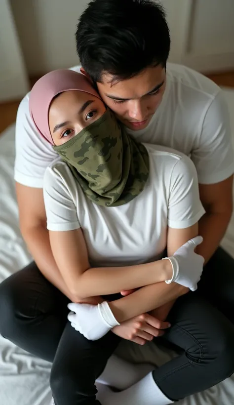 A photo of a Muslim girl of Indonesian descent sitting on the mattress in the bedroom. She has fair skin, 1, is slim, and tall, 1. She wears a short pink hijab, a green pattern millitary neck-gaither balaclava wrapped around her hijab. The neck-gaither bal...