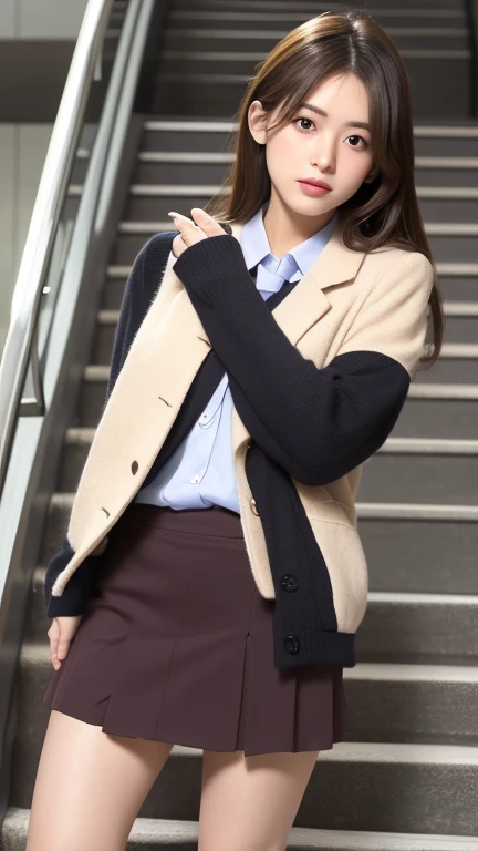 Escalator Skirt、Short coat、(Lower body close-up))、Rear View、Very low camera angle、Leaning forward.Panties under skirt.She turned to the cameraman..The pants are tucked into the skirt.Detailed facial rendering.Serious expression.Her eyes are fixed on the ca...