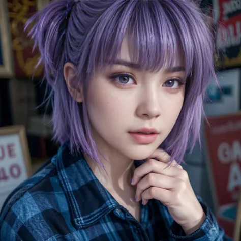 Ayane, purple hair, (best quality, ultra-detailed), (realistic:1.37), beautiful and detailed face, ultra-realistic texture, delicate face, delicate body, red lipstick, long-lasting colors. high definition, 8K. expression with a sexy look