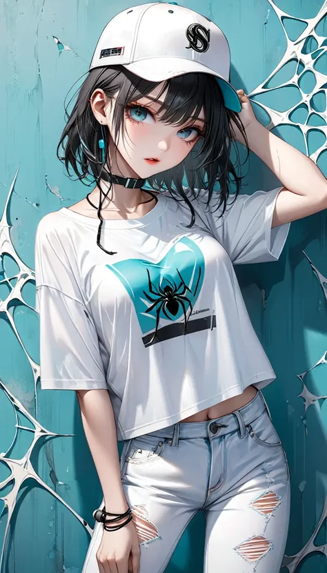 cool beauty, light ivory glossy silky bobcut, make up, amorous and lewd expression, captivating eyes, perfect proportions, wearing white half-top T-shirt, slim damaged jeans, baseball caps, headphones on neck, accessories, BREAK background Tiffany blue wal...