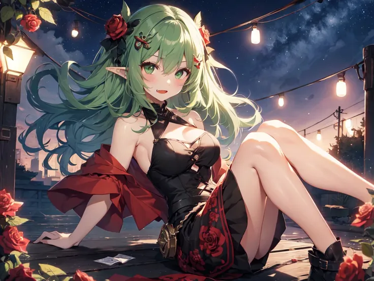 solo、One person、Goblin Girl、（Dark green skin：1.8）、（Green Hair：1.8）、（Wavy Curly Hair、Long Hair、Green Eyes）、（Brown Summer Dress、Brown cable knit dress）、（Shorts）、（Red rose hair ornament）、Big Breasts、Lipstick Makeup、Eyeshadow Makeup、Pointed Ears、Bared Fangs、（L...