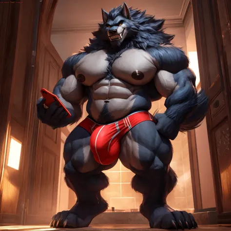 ((أفضل جودة)), ((تحفة)), (تفاصيل فائقة), ((4K)).

Bara, anthromorphic, grey fur,werewolf, solo focus, massive body, muscular,briefs, thick Thighs, very fat,long fluffy tail, huge pecs, huge nipples, grinning, standing, bathroom, confident pose, dominant, h...