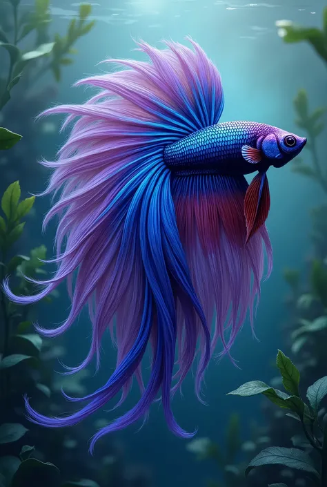 make a betta fish with a long, beautiful tail in purple and blue, and