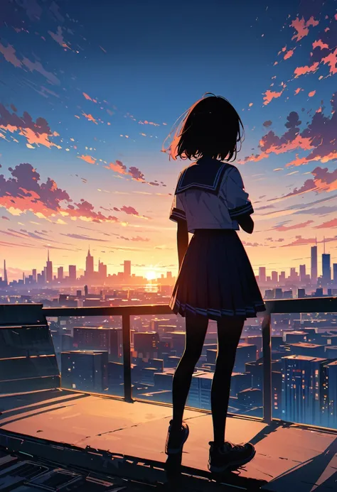 Best Quality, Super detailed, (Ultra-high resolution,8k), Ultra-high definition 4K, A silhouette of a lone female student in a sailor uniform, standing on a rooftop at sunset, overlooking the city skyline, with the warm glow of the setting sun casting long...