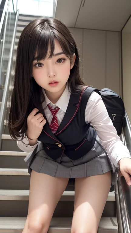 Escalator Skirt、Short coat、(Lower body close-up))、Rear View、((Panty shot))、((Detailed face))、((Symmetrical eyes))、((Detailed eyes))、Very low camera angle、Leaning forward.Panties under skirt.She turned to the cameraman..The pants are tucked into the skirt.D...