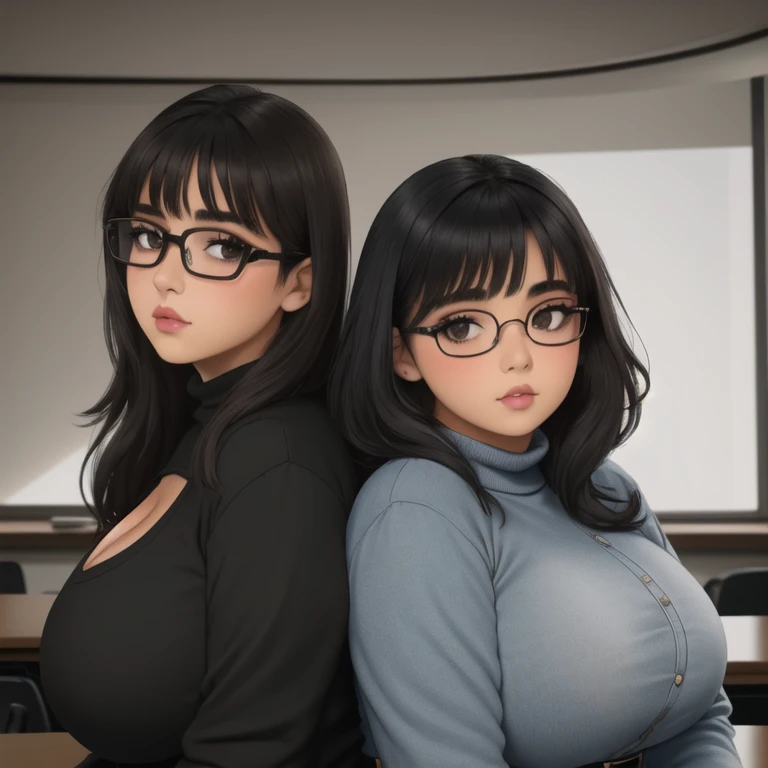 two cute petite short slightly curvy chubby emo mexican girls, one is a bully and one is a nerd, one with short hair and one wit...