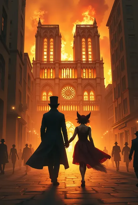 Create a book cover. You can see a gentleman with a top hat holding the hand of a fox girl in a thief costume. They walk towards a burning cathedral. The title of the book is "Börchi and Fups - Notre Dame burns", masterpiece, many details, Complicated Deta...