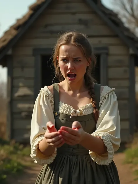 A beautiful maid in a modest peasant dress in front of a peasant house, the maid examines her hands, her face is surprised and afraid, she screams, the Middle Ages, the time of the squires, high details of the shape, cinematic style