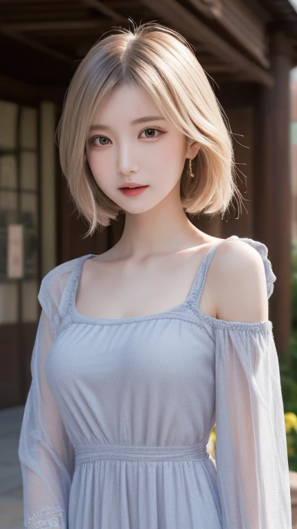 Silver Hair、(masterpiece, Highest品質, Highest, official art, beautifully、beautiful, exposed for a long time: 1.2), Smooth movement, Attractive patterns, 1 girl, (Dress with sleeves: 1.4), Upper Body close-up, Shoulder out, Chinese Girl, , Black Lob Hair, Po...