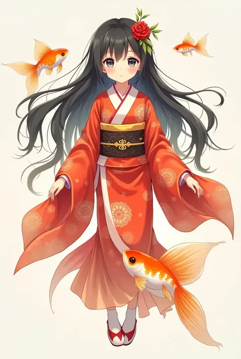 One girl, Japanese anime style、Long Hair, Personifying goldfish、A see-through kimono、The color of the clothes is red and white.、Fin Feeling、Short、Front view
