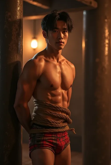 (((muscular man, shirtless))), (((handsome Chinese teenager model))), (((sixpack abs, muscular biceps and triceps))), (((young, muscular, fit, male))), (((muscular sixpack))), (((tied up completely with rope)))), (((rope tied around chest)))), (((body tied...