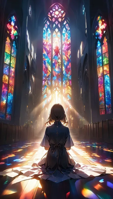 Backlight, Sisters praying with their backs turned, Backlit silhouette, The rich colored light shining through the stained glass、Aesthetically enveloping, 