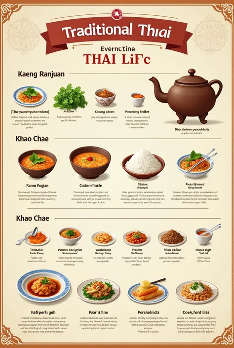 Create an infographic on learning how to make Kaeng Ranjuan and Khao Chae.  