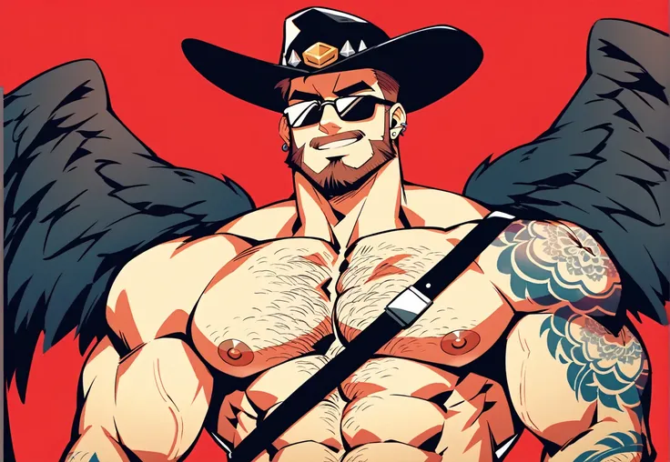 a bearded tattooed muscle cowboy with angel black wings posing like stripper, sfw, solo,  muscular man, perfect anatomy, balance...