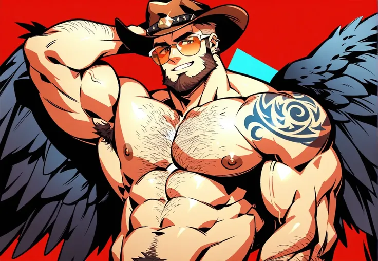 a bearded tattooed muscle cowboy with angel black wings posing like stripper, sfw, solo,  muscular man, perfect anatomy, balance...