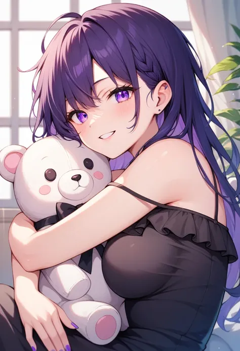 anime illustration of a goth girl hugging a white teddy bear, girl in off-the-shoulder black dress, long and messy hair, she has...