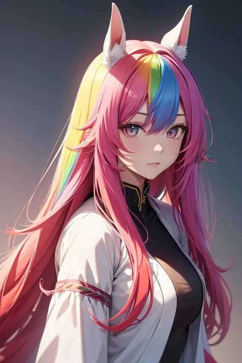 Horse Girl、Horse ears on head、Rainbow hair colour、Gradient hair color、Long Hair、Red right eye、Yellow left eye、whole body、Muscular、