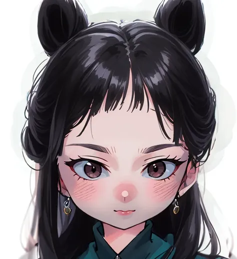 double buns hair style, (masterpiece:1.2),(best quality:1.2), looking at viewer, curious face, gothic, (shiny skin:1.2), (depth ...