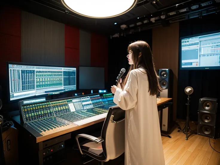 Back view of a female engineer in long clothes singing in a studio full of sound equipment