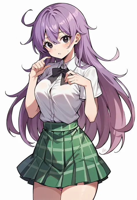 1 woman,, short purple hair. Black eyes. On a white background. 3D anime style. PUT A SHORT GREEN CHECKED SKIRT ON HER AND WHILE HER PINK PANTIES SHOW.