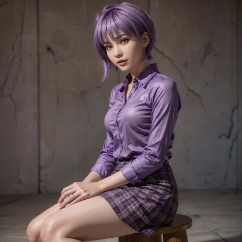 Ayane, purple hair, (best quality, ultra-detailed), (realistic:1.37), beautiful and detailed face, ultra-realistic texture, delicate face, delicate body, red lipstick, long-lasting colors. high definition, 8K. expression with a sexy look