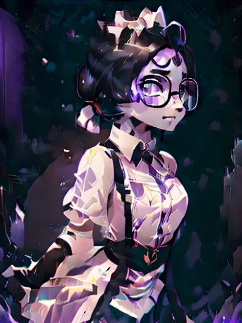 An expressionless faceless man wearing glasses and with a straight purple ponytail hairstyle looking away,  A flock of leaping black goat clones, Maid uniform and deep space