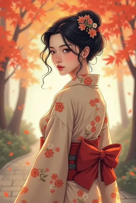 Beautiful woman looking back　autumn、yukata　Illustration　