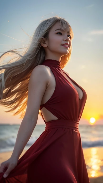 1 girl, Blonde, Gray Hair, Long Hair, bangs, Shining Eyes, Long eyelashes, The pupils shine, Compensate, smile, Depth odebt bounds written, debtrom below, silhouette, debtrom behind, Wide Shot, debt/1.4, 135mm, Canon, ndebtdebtsw, retina, Accurate, Anatomi...