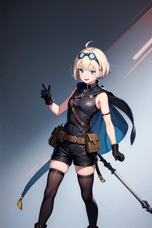 Anime Art、Full body portrait、Characters of the early modern period、Background blank、A female pilot standing upright, about 160cm tall, about 3, wearing a black half vest and black shorts、Wears goggles on his forehead、She is wearing black tights that cover ...