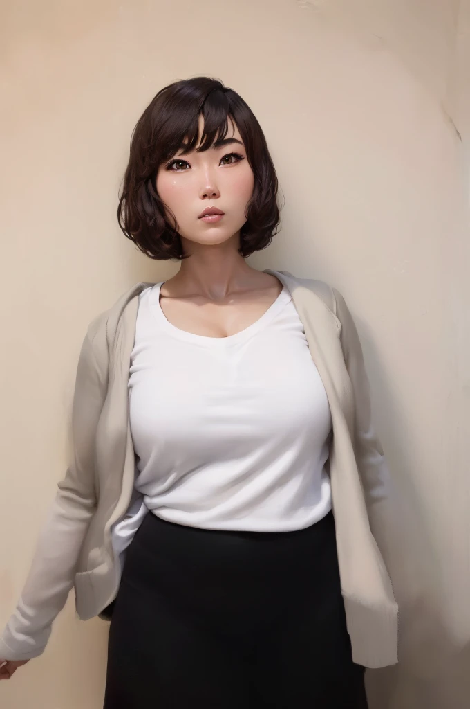 arafed japanese woman in a white shirt and black skirt and loose jacket posing for a picture, with short hair, with a bob cut, Yoshitomo Nara, Chiho, short hair, with short hair with bangs, the hime cut, short haircut, short straight hair, wearing tight sh...