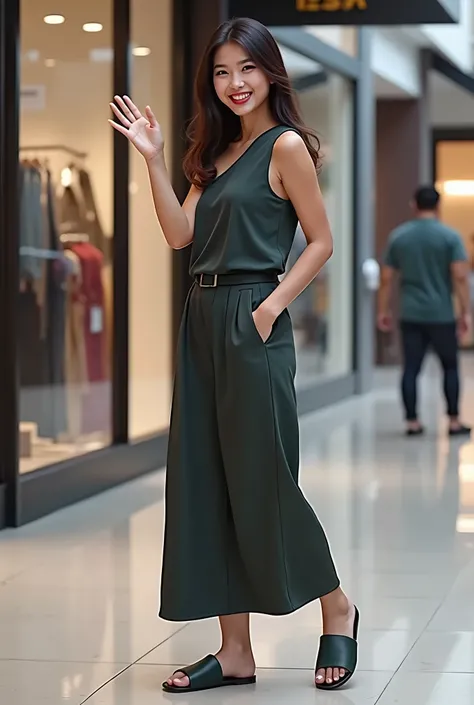 A Realistic Beautiful White Filipina woman 2 looking at the viewer full body laughing inside a Mall in Makati, Manila, Philippines with long dark hair with brown eyes and make up with dark red lips wearing a with dark green one shoulder cotton tank top wit...