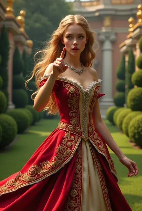 A beautiful European golden haired princess is wearing a red and gold dress and a silver necklace, blue eyes, she is slowly getting up from the ground because she fell down, she has a surprised and angry expression on her face and is looking ahead, pointin...