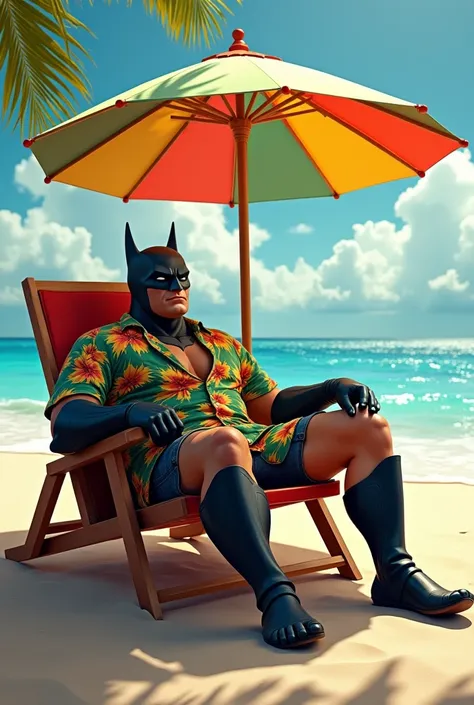 Batman wears Hawaiian shirt on the beach, lying on a lounger with a parasol 