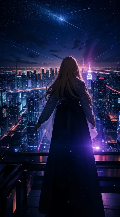 １people々々々々々々々々々々々々々々,Blonde long hair woman，Long coat， Dress Silhouette， Rear View，Space Sky, comet, Anime Style, City night view from the rooftop，A pillar of light stretching into space，