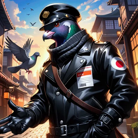 Japanese manga anime style, an extremely badass pigeon wearing an insanely cool black leather mail carrier jacket open, mail carrier hat, black leather biker gloves, warm scarf, dramatic shadows enhancing facial features, perfect anatomy, magical enchanted...