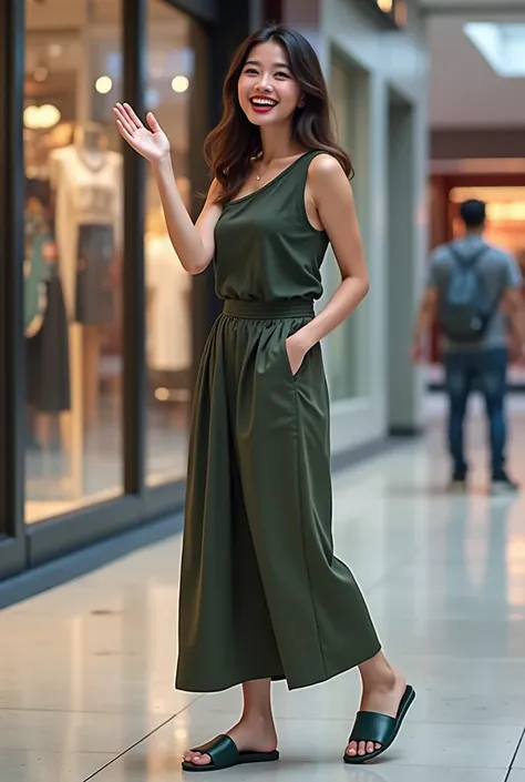 A Realistic Beautiful White Filipina woman 2 looking at the viewer full body laughing inside a Mall in Makati, Manila, Philippines with long dark hair with brown eyes and make up with dark red lips wearing a with dark green one shoulder cotton tank top wit...